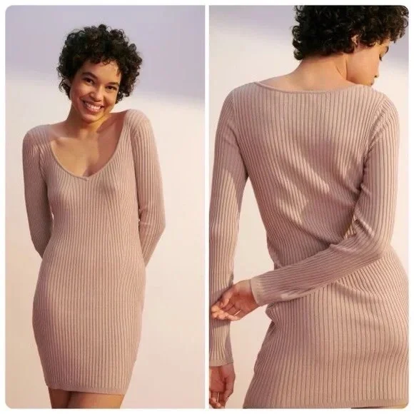H&M Long Sleeve Ribbed Dress Dusty Rose Size Small - Picture 1 of 5
